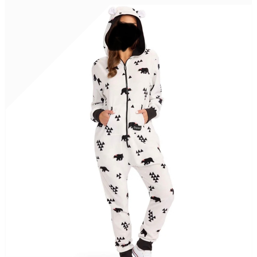 Tipsy Elves Women Beary Christmas Jumpsuit White Black Bear Fleece Onesie XS
